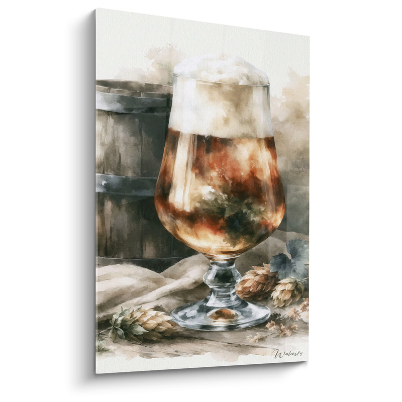 Tableau Verre ballon ambré et blanc près d'un tonneau - Cônes de houblon séchés - Edition Bière