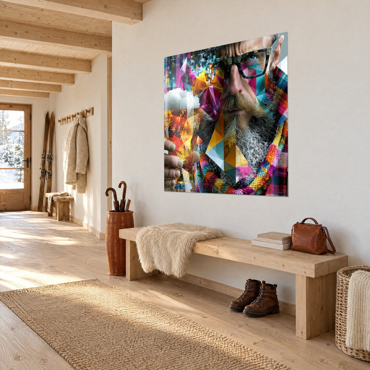 Wall art cubist portrait of a bearded man with blue eyes, gold and magenta shards, hung above a wooden bench, bright chalet hallway
