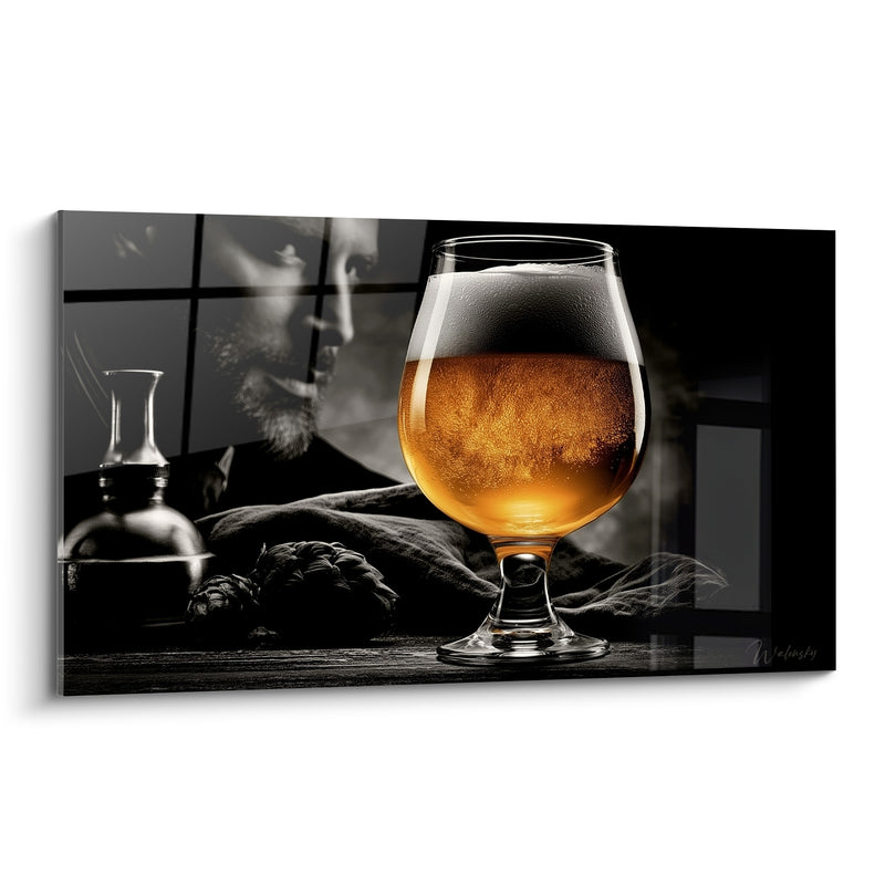 Tableau Verre ballon ambré et noir près d'une carafe - Profil masculin en filigrane - Edition Bière
