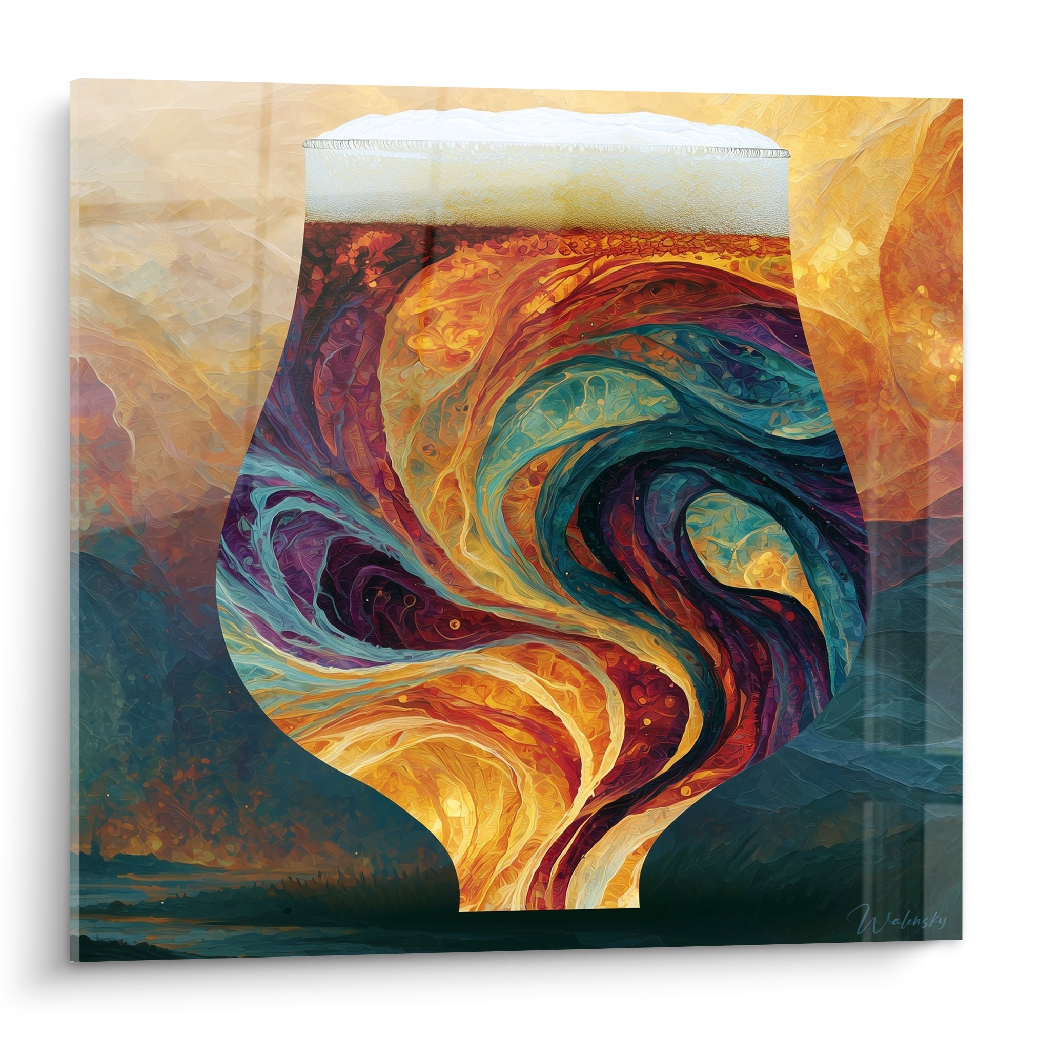 Verre de bière stylisé aux tourbillons ambrés, bleu turquoise et violet, mousse blanche crémeuse