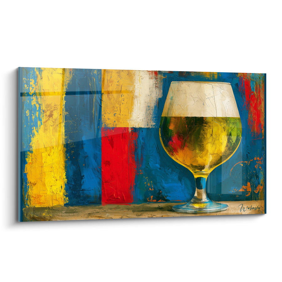 Tableau Verre ballon doré et bleu à mousse blanche - Blocs colorés géométriques - Edition Bière