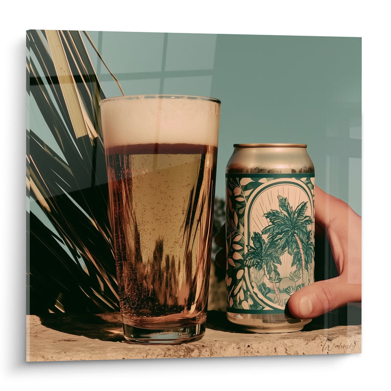 Tableau Canette dorée et verte à palmiers illustrés - Feuille de palmier ombrée - Edition Bière