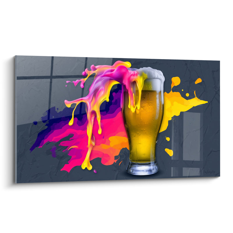 Tableau Verre doré aux éclaboussures roses et jaunes - Fond gris texturé - Edition Bière