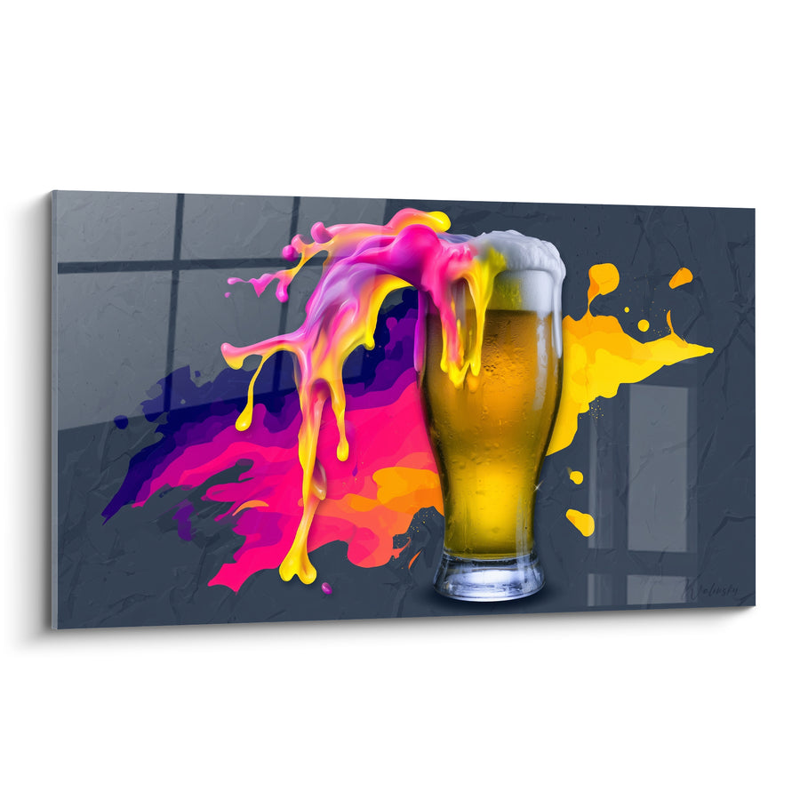 Tableau Verre doré aux éclaboussures roses et jaunes - Fond gris texturé - Edition Bière