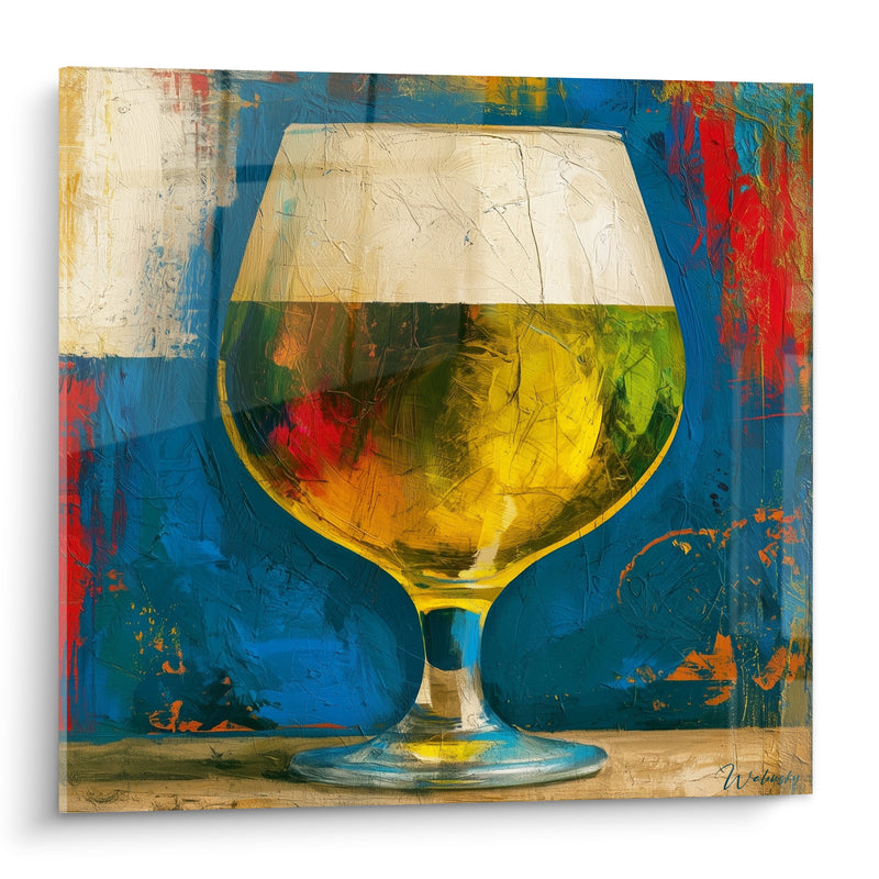 Tableau Verre ballon jaune et bleu à mousse blanche - Éclaboussures rouges en fond - Edition Bière