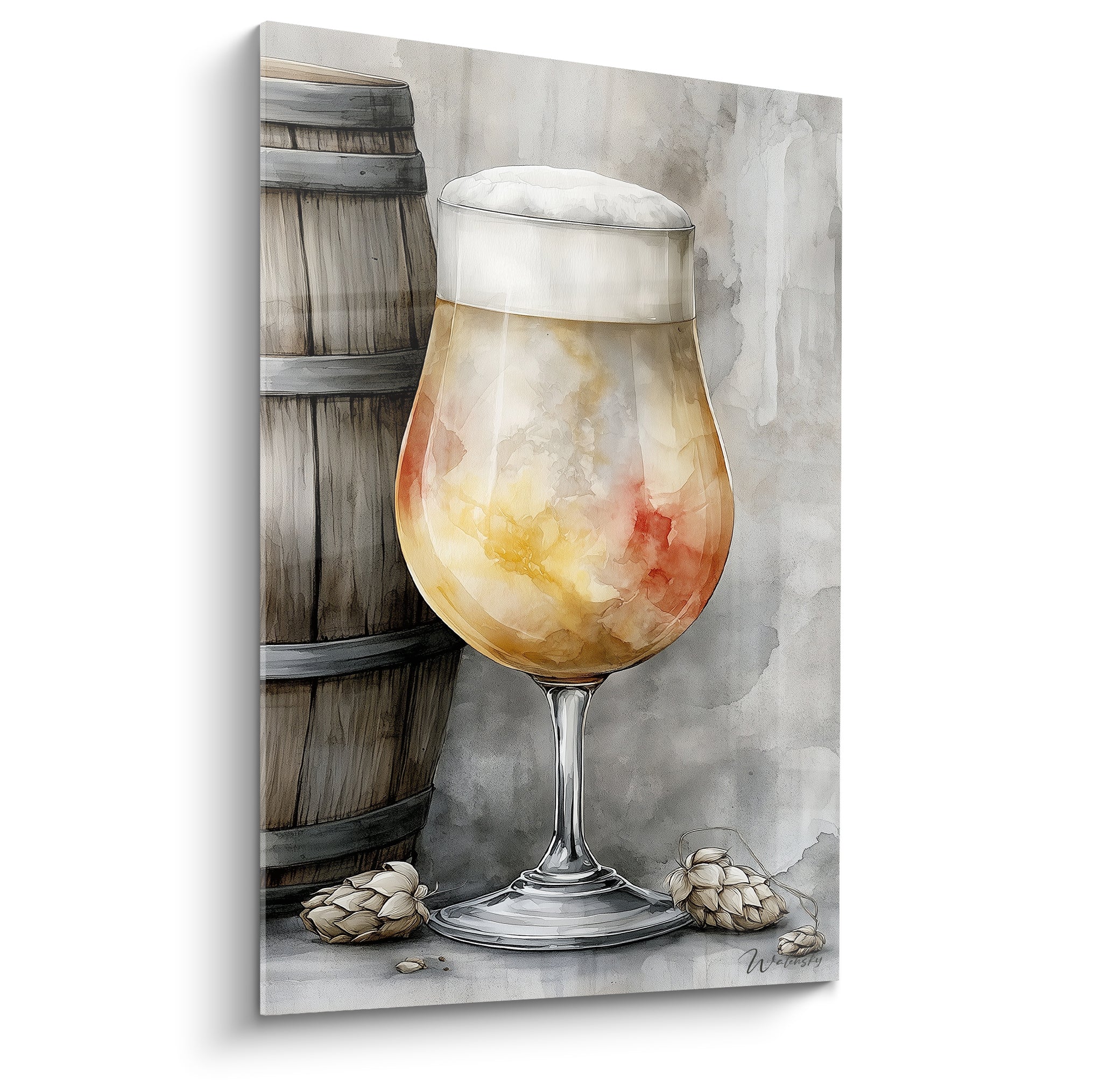 Verre de bière doré à mousse blanche épaisse près d'un fût brun texturé, aquarelle raffinée