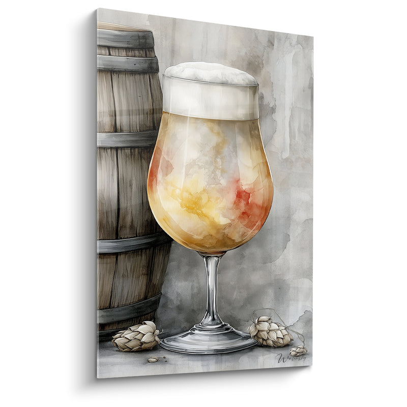 Tableau Verre ballon jaune et rouge près d'un tonneau - Cônes de houblon séchés - Edition Bière