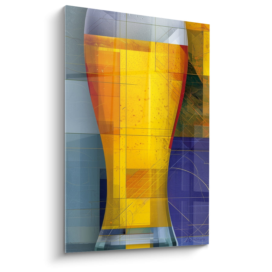 Tableau Verre à bière jaune et bleu géométrique - Lignes graphiques entrecroisées - Edition Bière