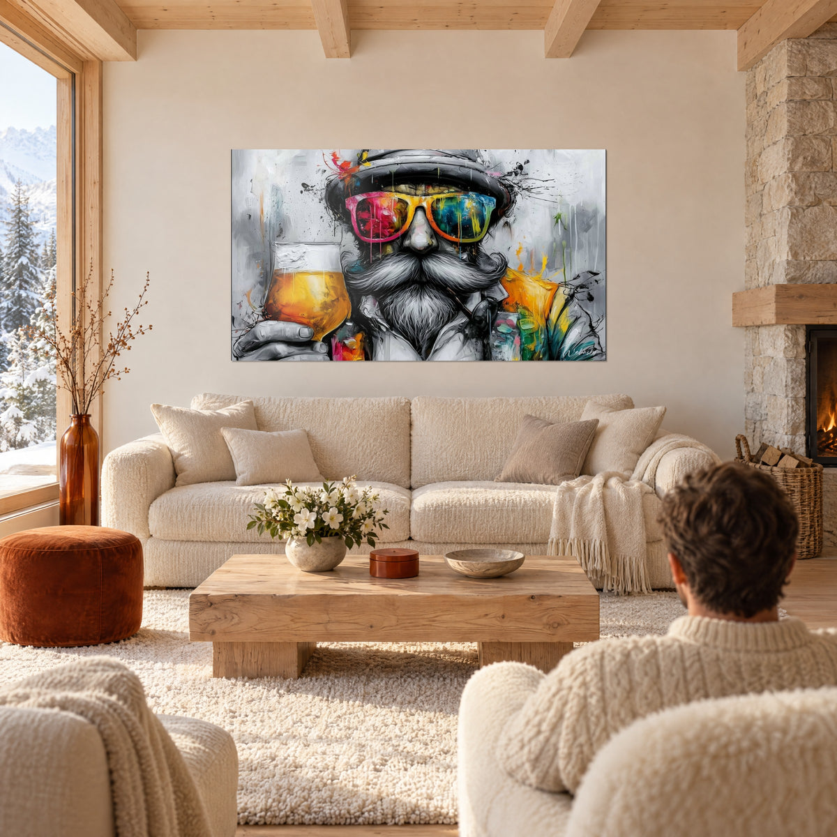 Quadro anziano con baffi grigi e occhiali rosa-arancio che tiene un boccale di birra dorata, sopra un divano in un soggiorno luminoso