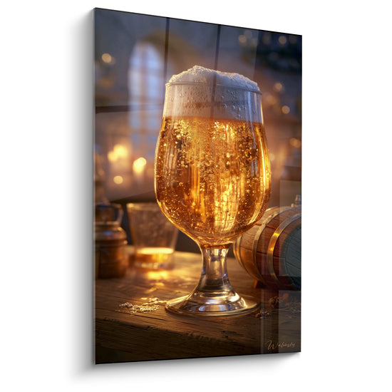 Tableau Verre à pied doré et brun près d'un tonneau - Fenêtre en arche floue - Edition Bière