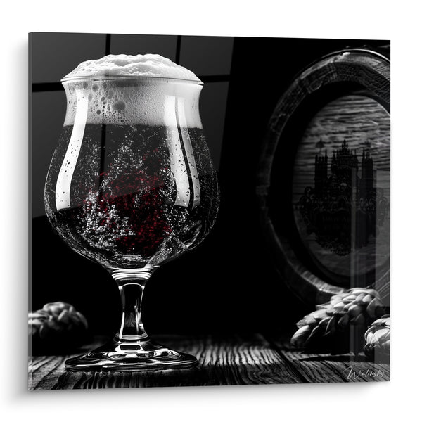 Cuadro de Vidrio Pie Negro y Blanco Espuma Abundante - Tonel y Piñas - Edición Cerveza