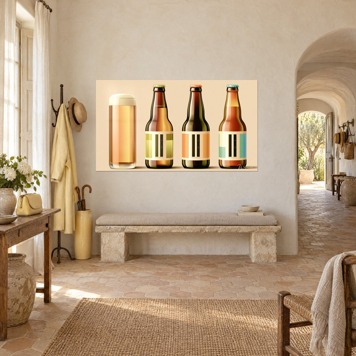 Wall art trio of beer cans with coral and turquoise crown caps, glass of blonde beer, on a lime-washed wall, three-quarter view