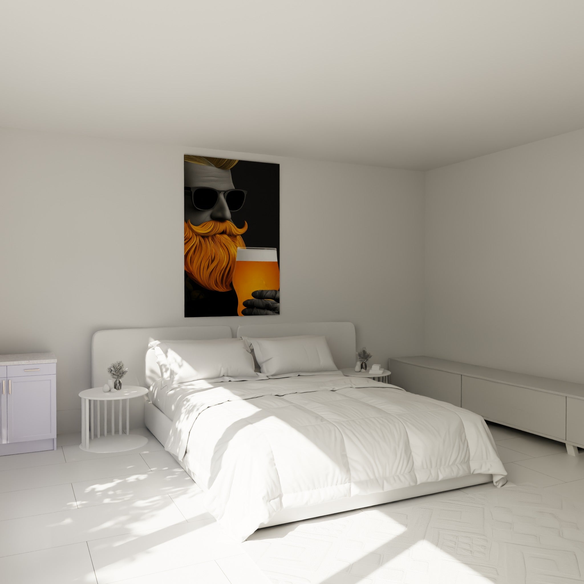 Barbu à la bière orange vif sur fond noir, accroché au-dessus d'un lit dans une chambre claire