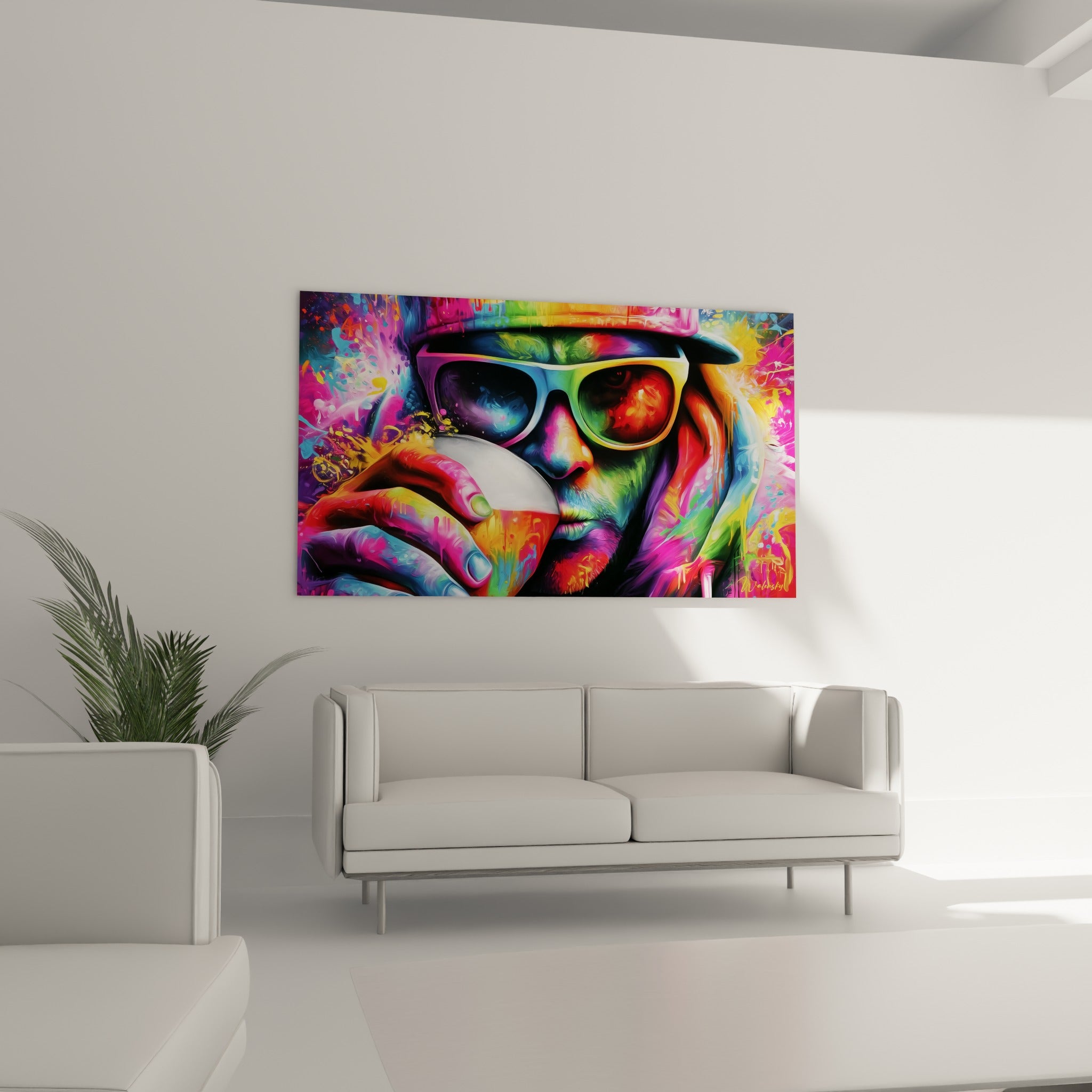 Portrait éclaté de couleurs jaune et violet autour d'un verre, au-dessus d'un canapé dans un salon lumineux