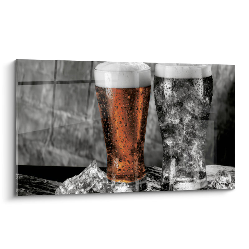 Tableau Verre ambré et gris givré de glaçons - Duo de pintes glacées - Edition Bière