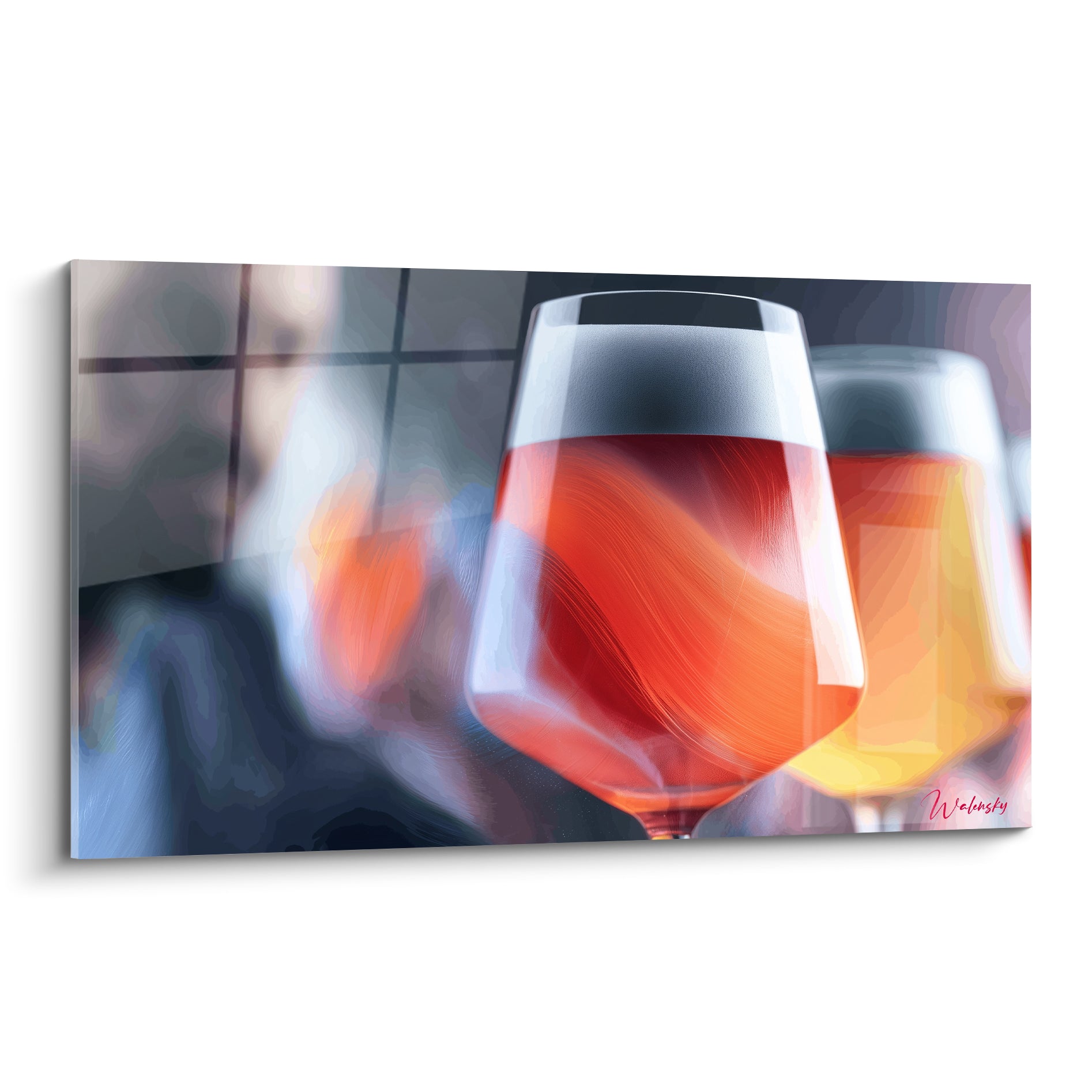 Verres de bière ambrée et rousse aux reflets dorés, style aquarelle sur fond anthracite flou