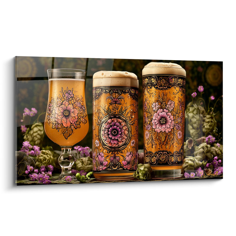 Tableau Verres à bière ambrés fleuris ornementés - Fête dorée - Edition Bière
