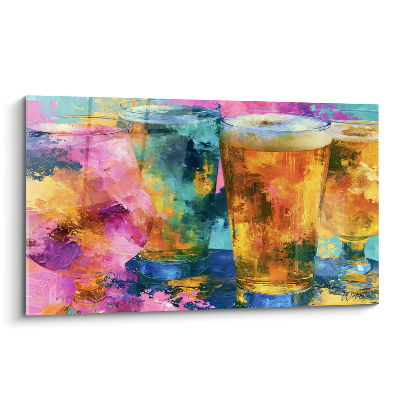 Tableau Verres à bière rose et turquoise alignés - Quatuor de calices - Edition Bière