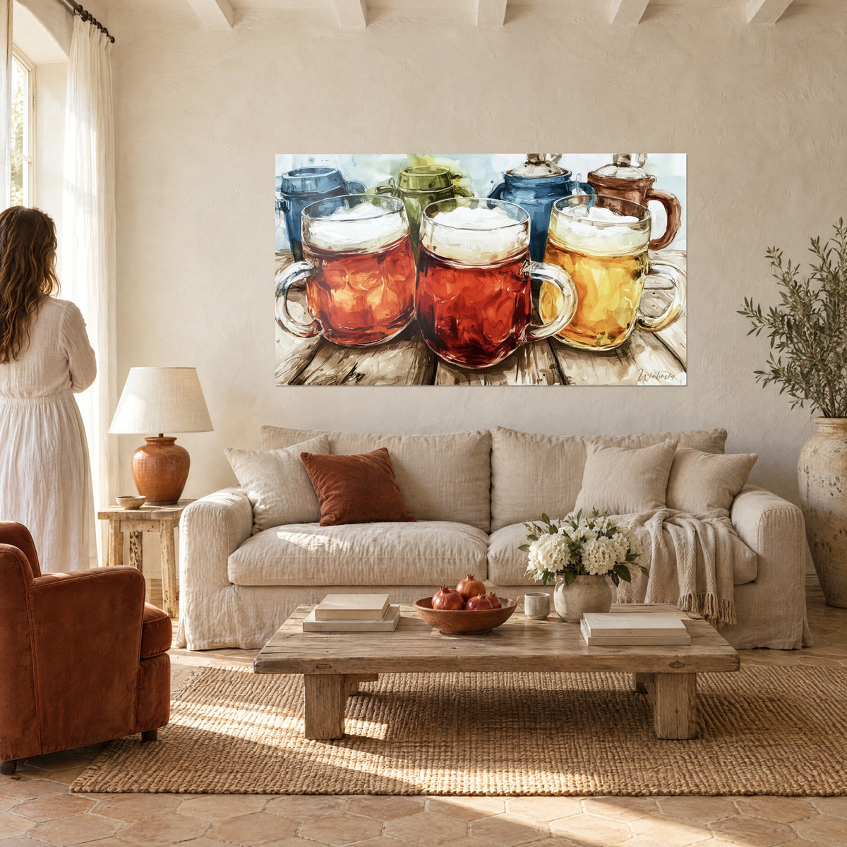 Wall art glass beer mugs, red and amber beer, creamy foam on light wood, above a sofa in a bright living room