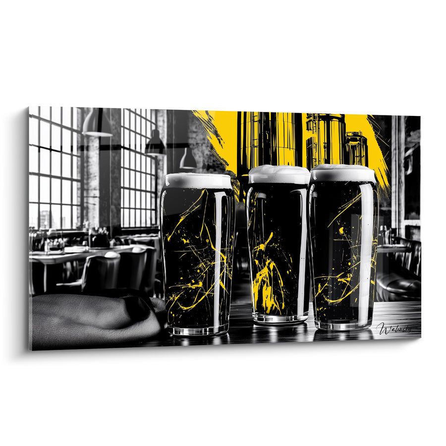 Tableau Trois verres noirs et jaunes en salle industrielle - Trinque urbaine - Edition Bière