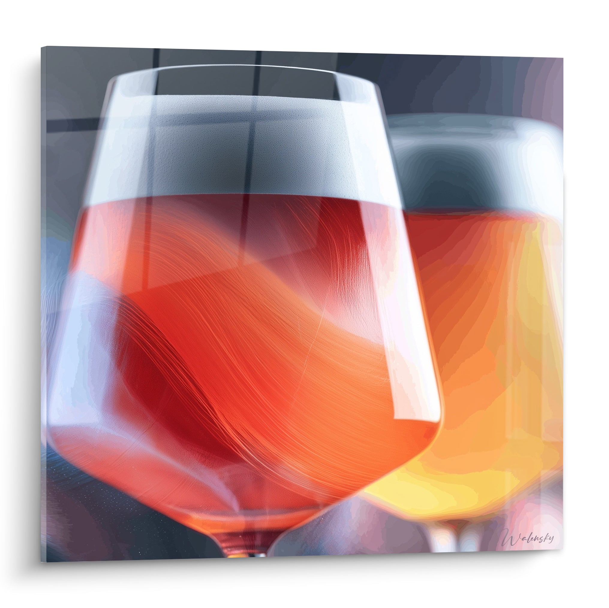 Deux verres de bière rouge bordeaux et orangée sur fond anthracite strié, gros plan pictural