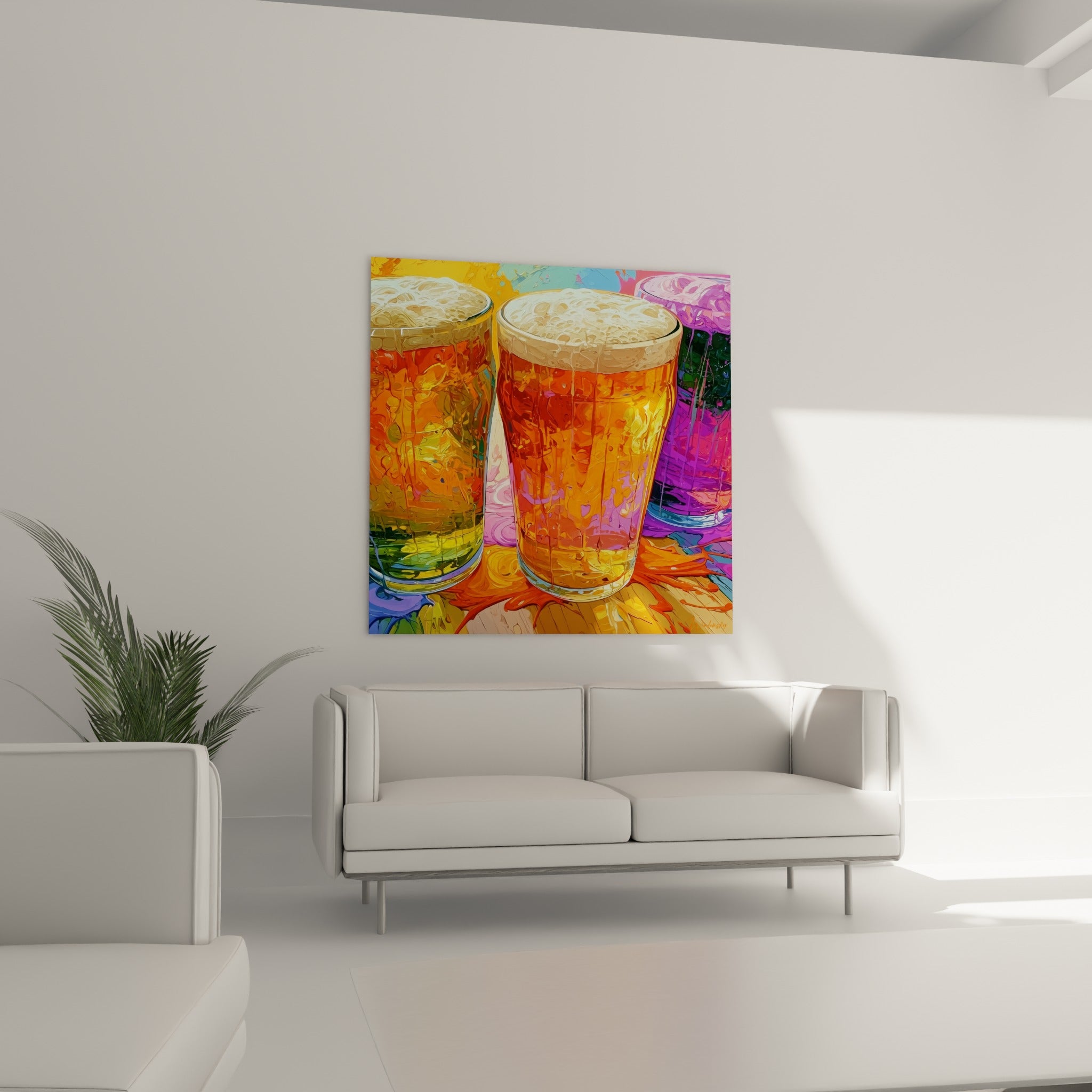 Pintes mousseuses orangées et violettes aux reflets vifs, disposées au-dessus d'un canapé dans un salon lumineux