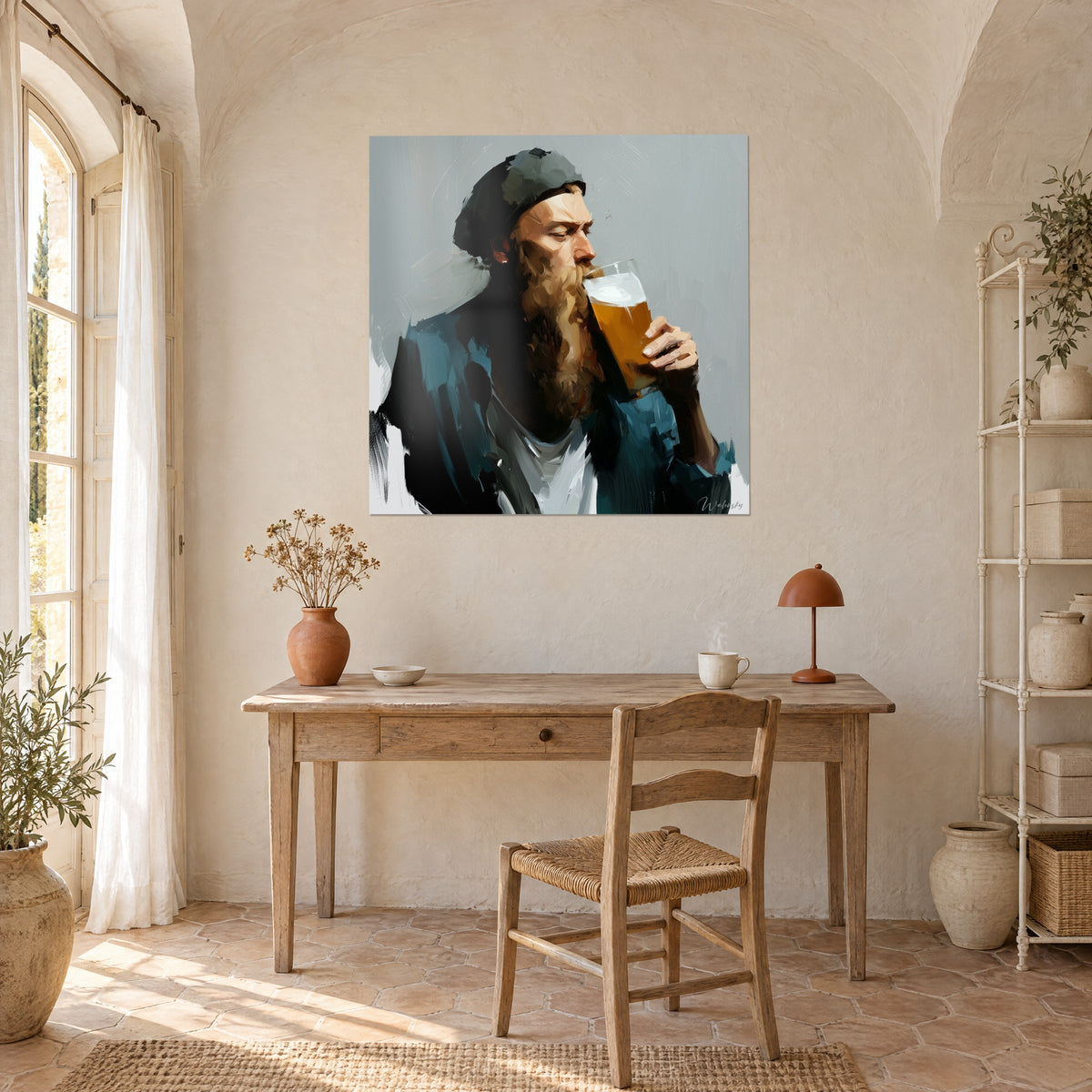 Wall art oil painting of a bearded drinker, white foam atop the amber pint, teal-blue jacket, above a light wood desk