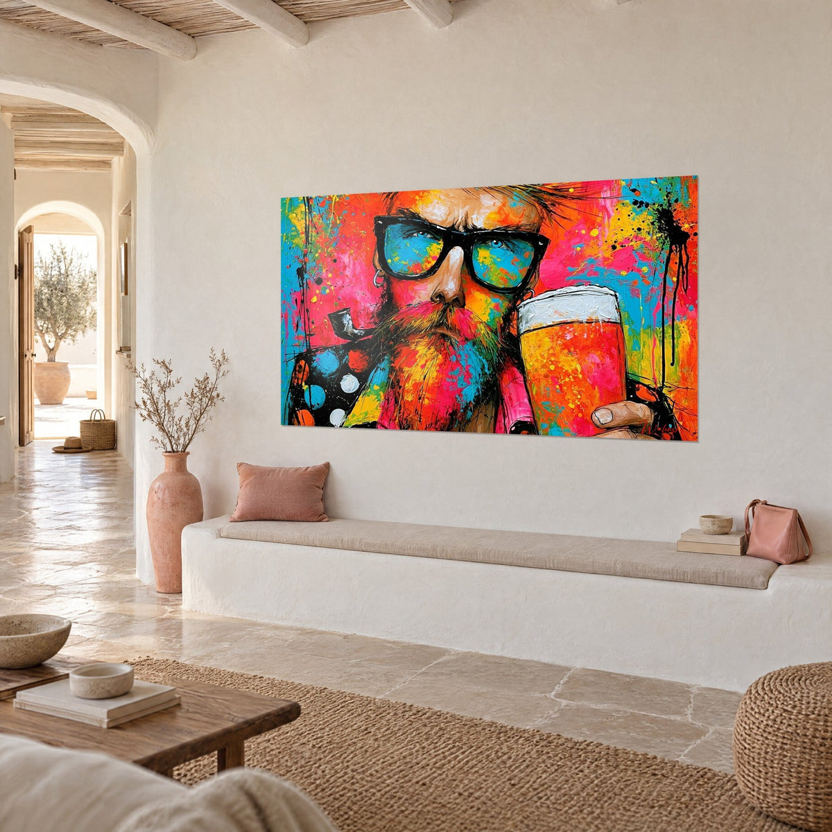 Quadro di un bevitore di birra hipster con baffi fucsia, occhiali che riflettono il blu, pipa grigia, in tre quarti su una parete crema mediterranea