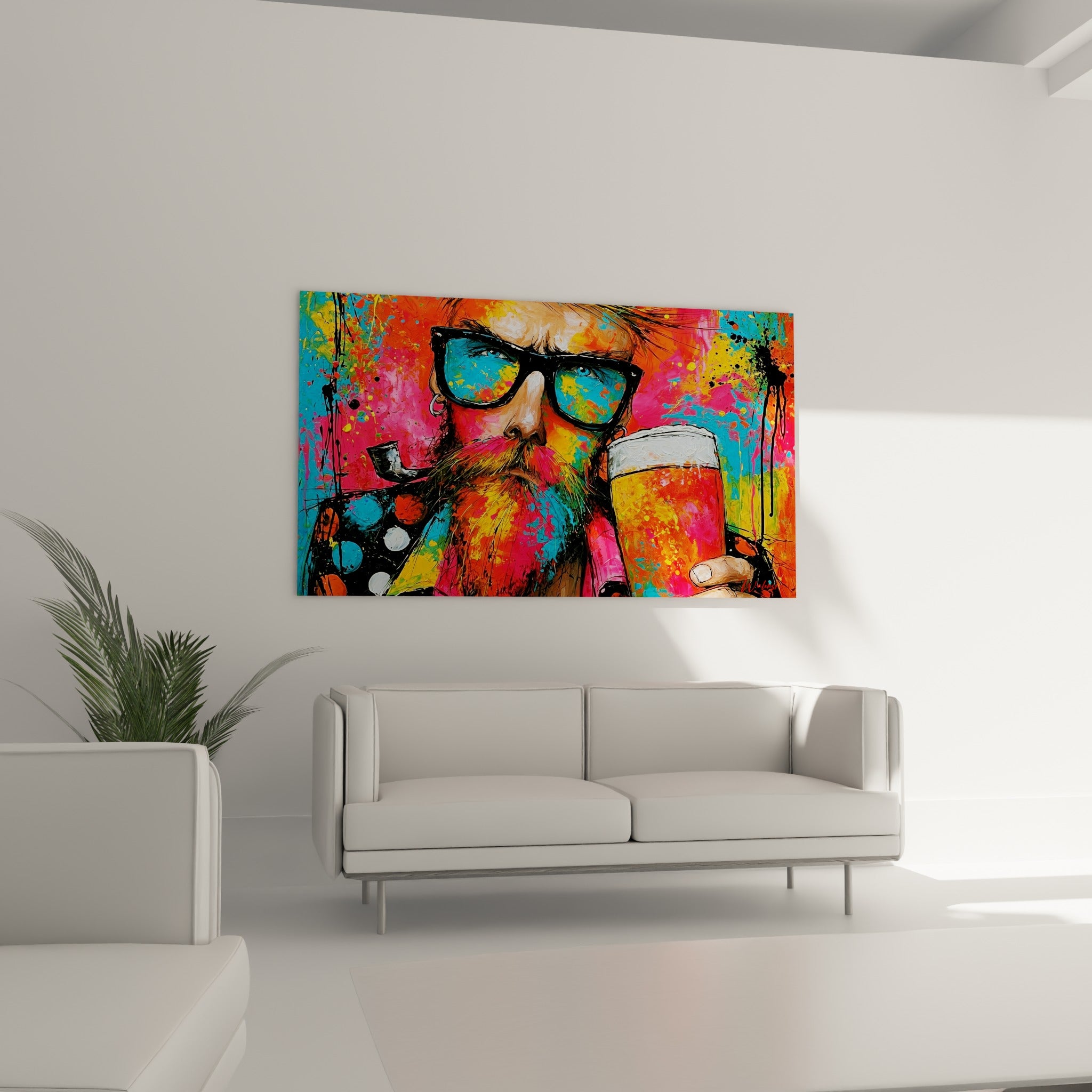 Visage éclaté de couleurs fuchsia et jaune tenant une pinte, au-dessus d'un canapé dans un salon lumineux