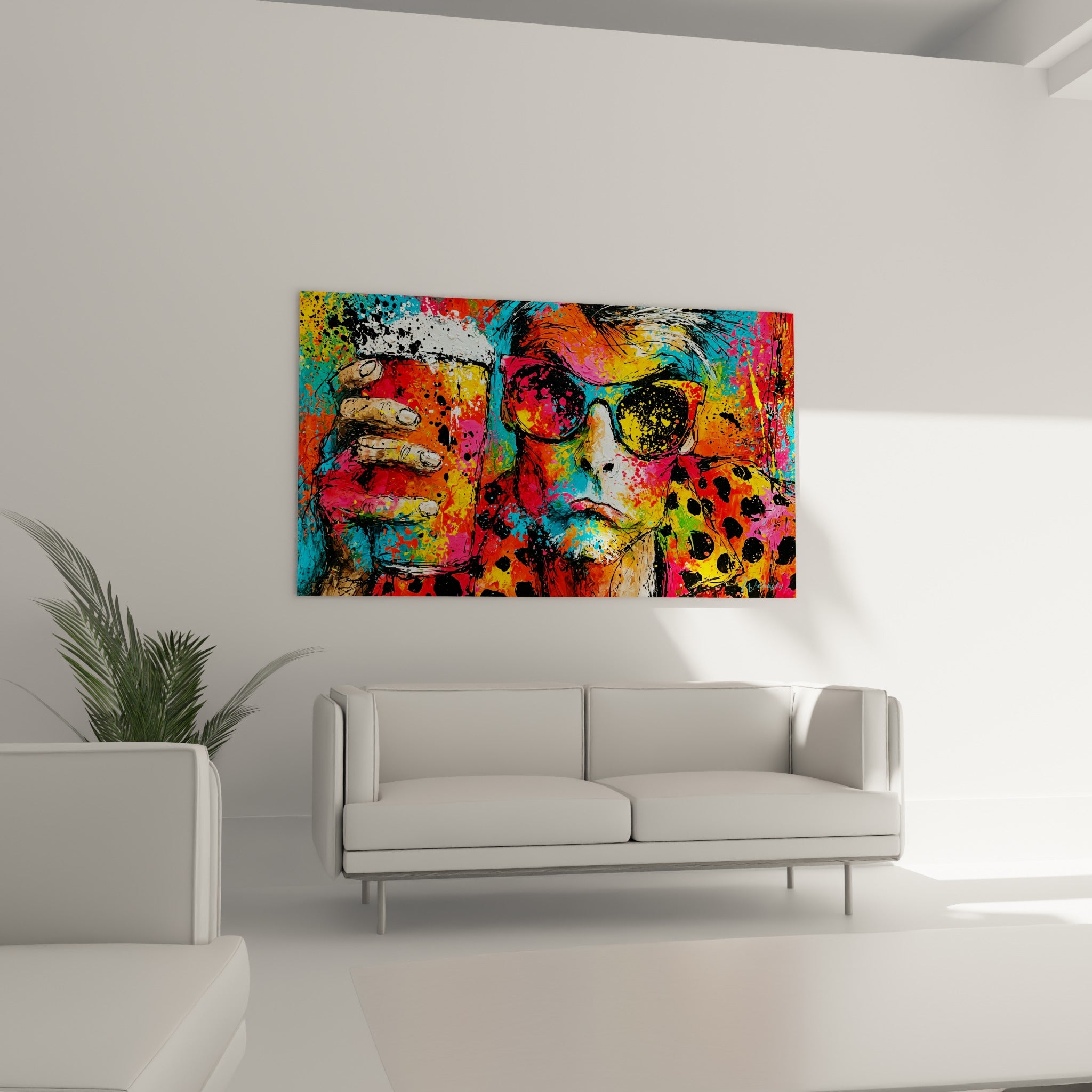 Visage aux lunettes réfléchissantes, tons ocre et fuchsia, au-dessus d'un canapé dans un salon lumineux