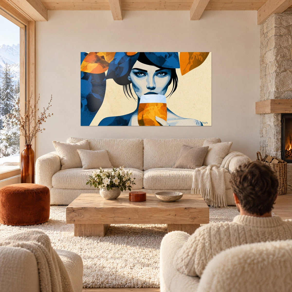 Gemälde Frau mit eisblauem Blick, die ein goldenes Bier trinkt, orangefarbene Blätter, über einem Sofa in einem hellen Wohnzimmer