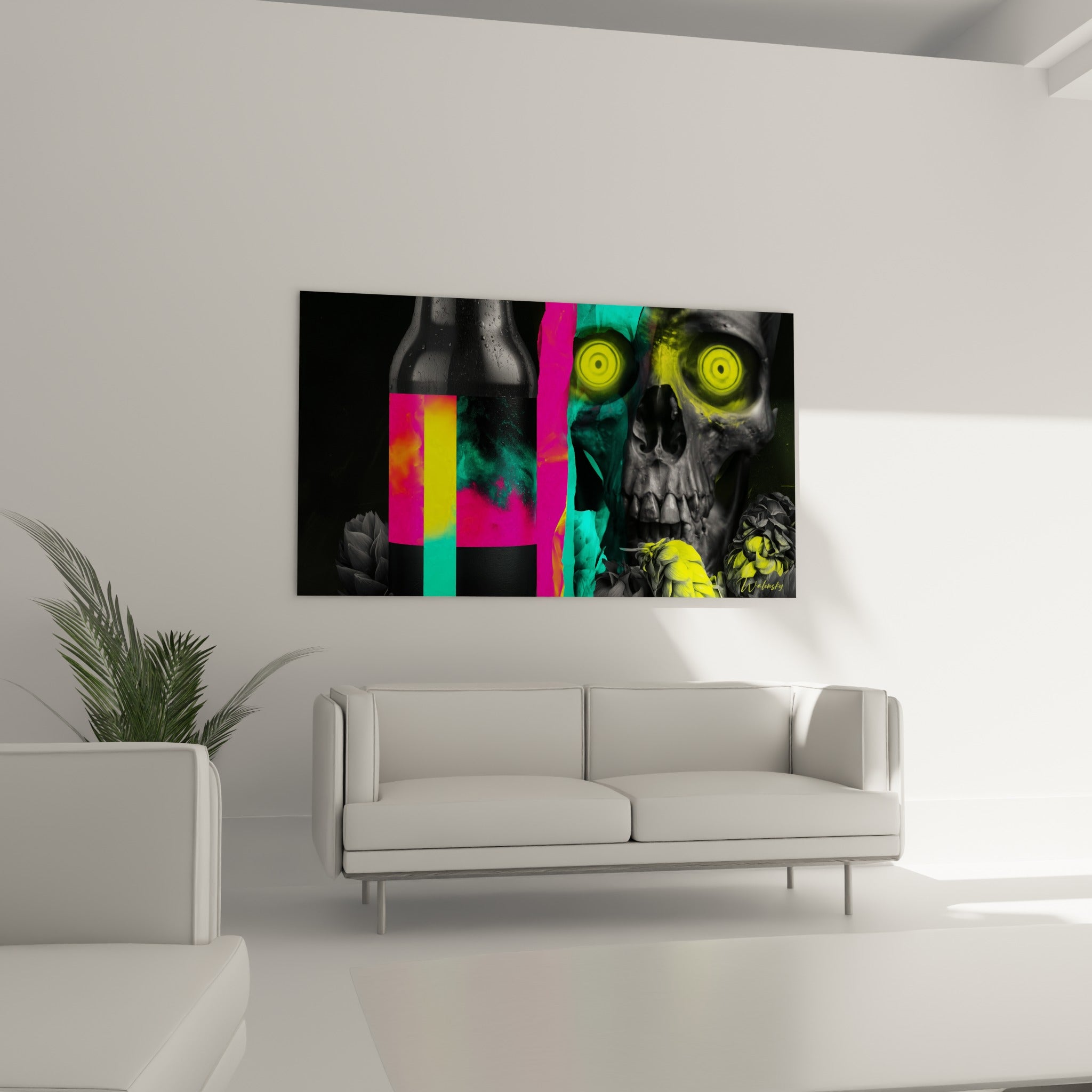 Skull anthracite et houblon jaune fluo au-dessus d'un canapé dans un salon lumineux