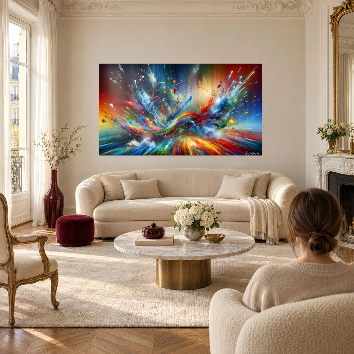 Wall art paint explosion in red, blue and yellow with droplets in flight, woman seen from behind, above a sofa in a bright living room
