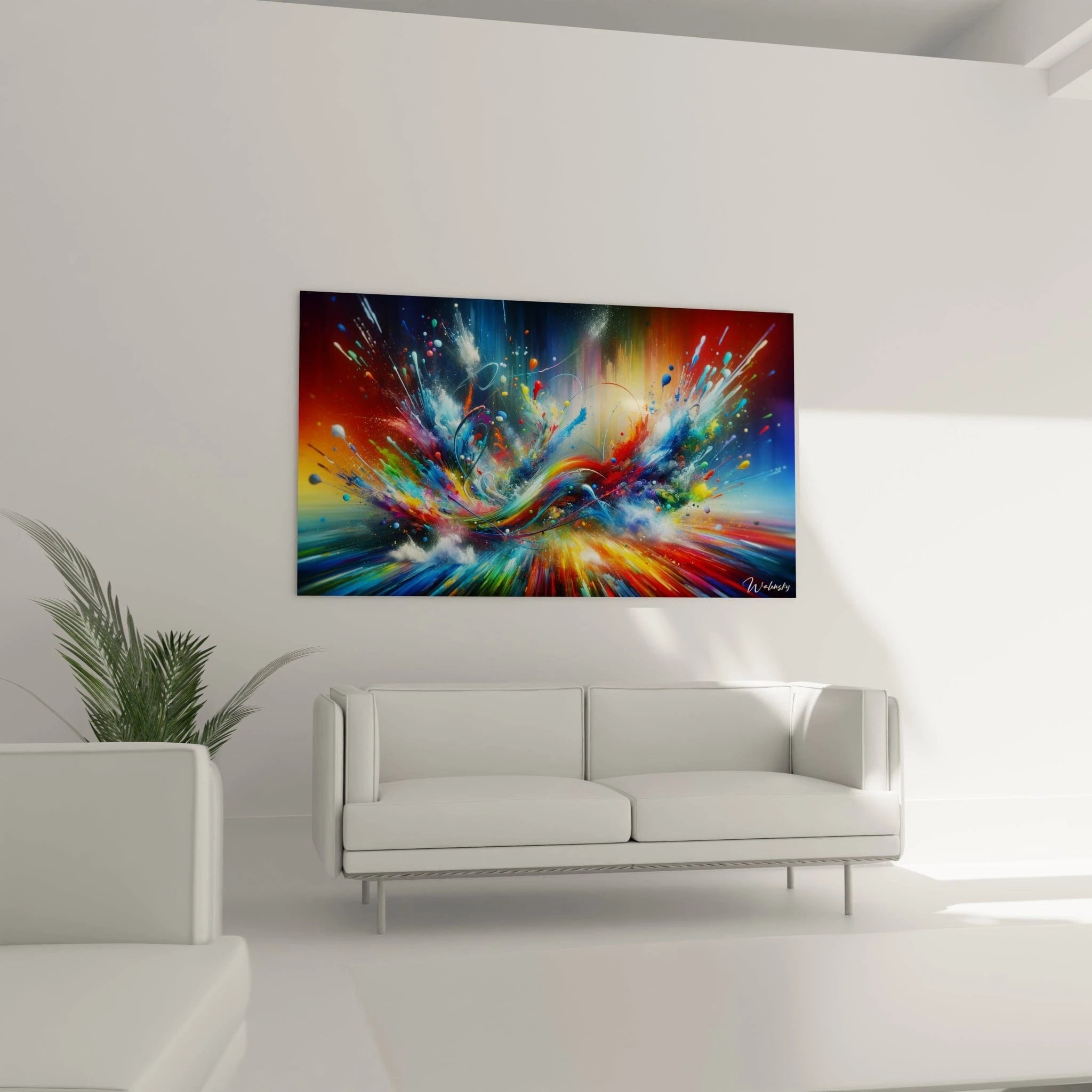 Tableau abstrait montrant un tourbillon multicolore en pleine effervescence. Gamme colorée exhaustive allant du bleu outremer au rouge vermillon avec tous les intermédiaires. Technique mixte associant projections, lignes courbes et éléments sphériques. Composition centrée avec motif ondulatoire et rayonnement périphérique.
