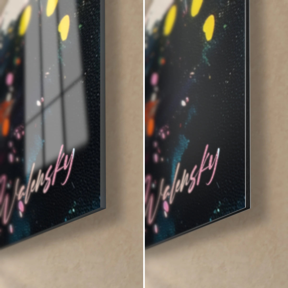 Tableau gerbe de peinture noire, jaune et rose, signature Walensky au coin bas droit, verre brillant et Dibond mat