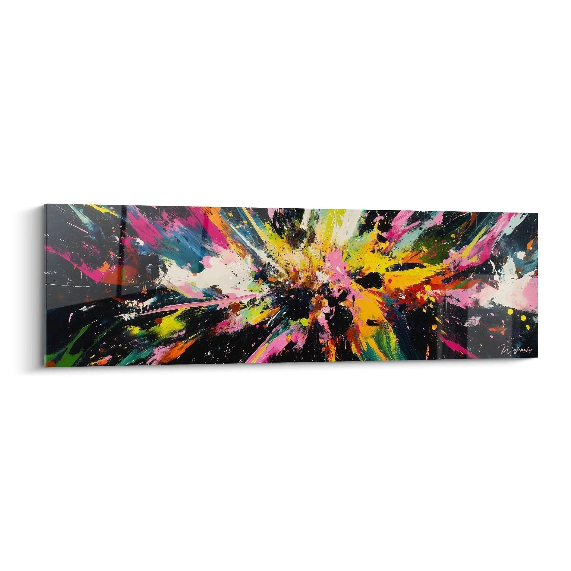 Un tableau explosion abstraite captivant présentant une déflagration de couleurs vives sur fond noir, avec des projections de rose, jaune, bleu et blanc jaillissant du centre vers l'extérieur dans un mouvement radial dynamique et des textures variées créant un effet de profondeur tridimensionnelle.
