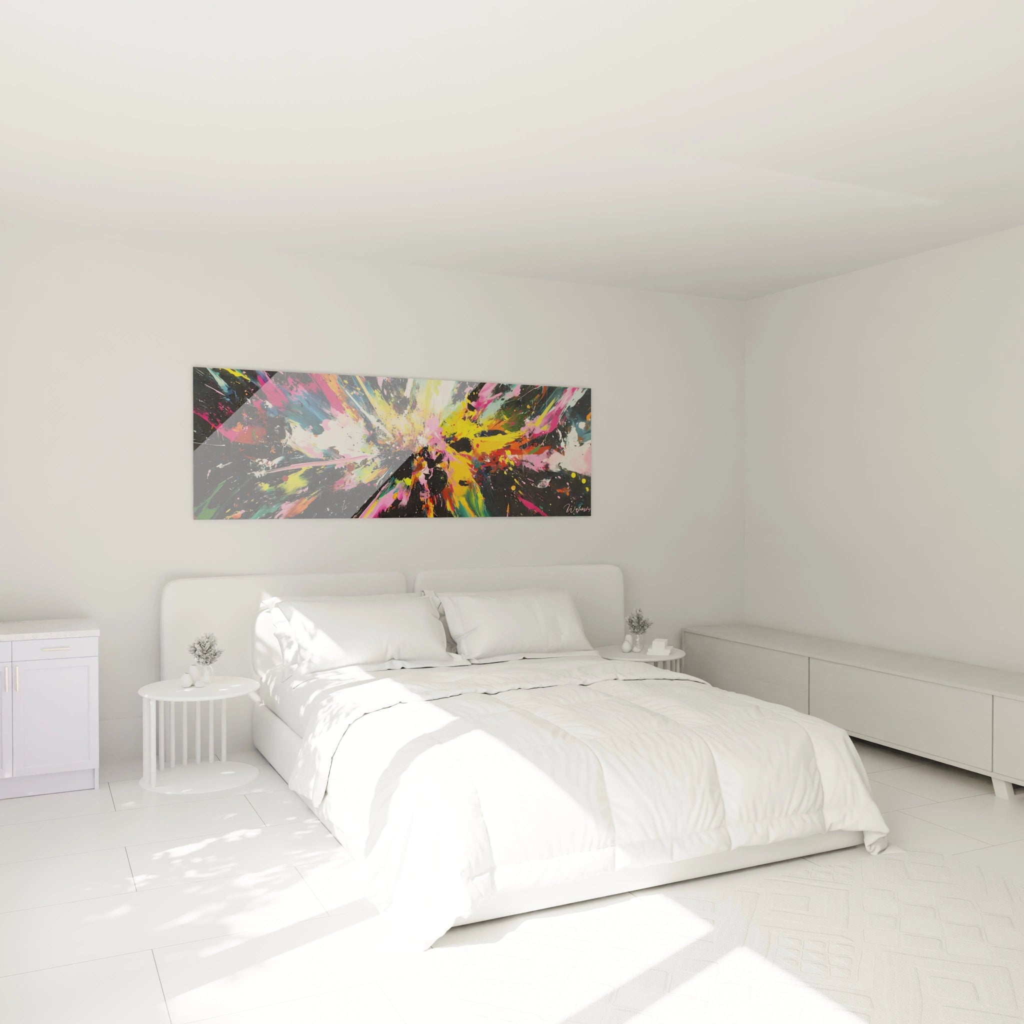 Un tableau graffiti panoramique représentant une explosion chromatique saisissante, où des éclaboussures directionnelles multicolores éclatent depuis le centre sur fond noir profond, créant un contraste intense avec les couleurs vives comme le rose électrique et le jaune qui dessinent des trajectoires dynamiques.
