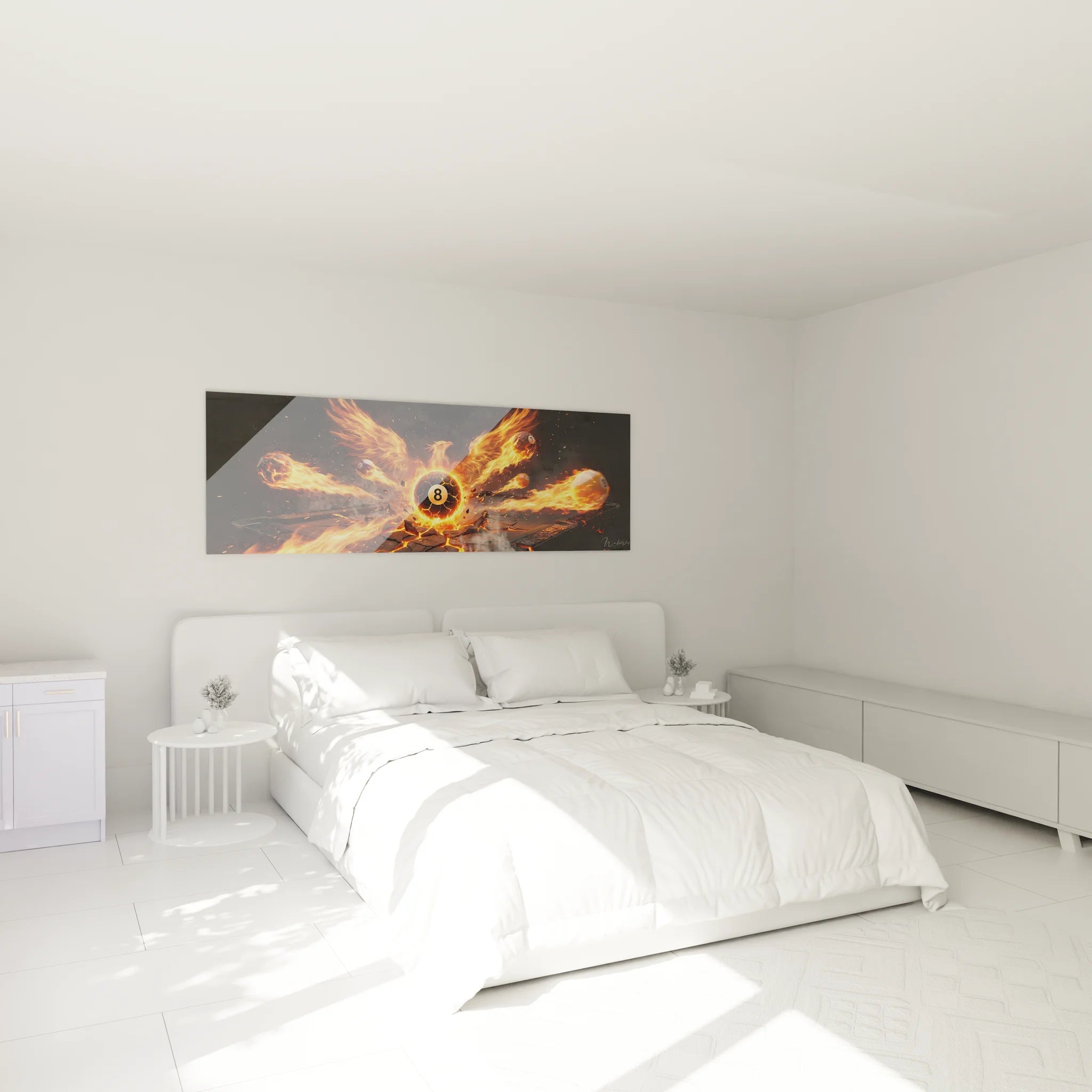 Tableau billard phénix flammes décorant une chambre moderne avec ambiance chaleureuse