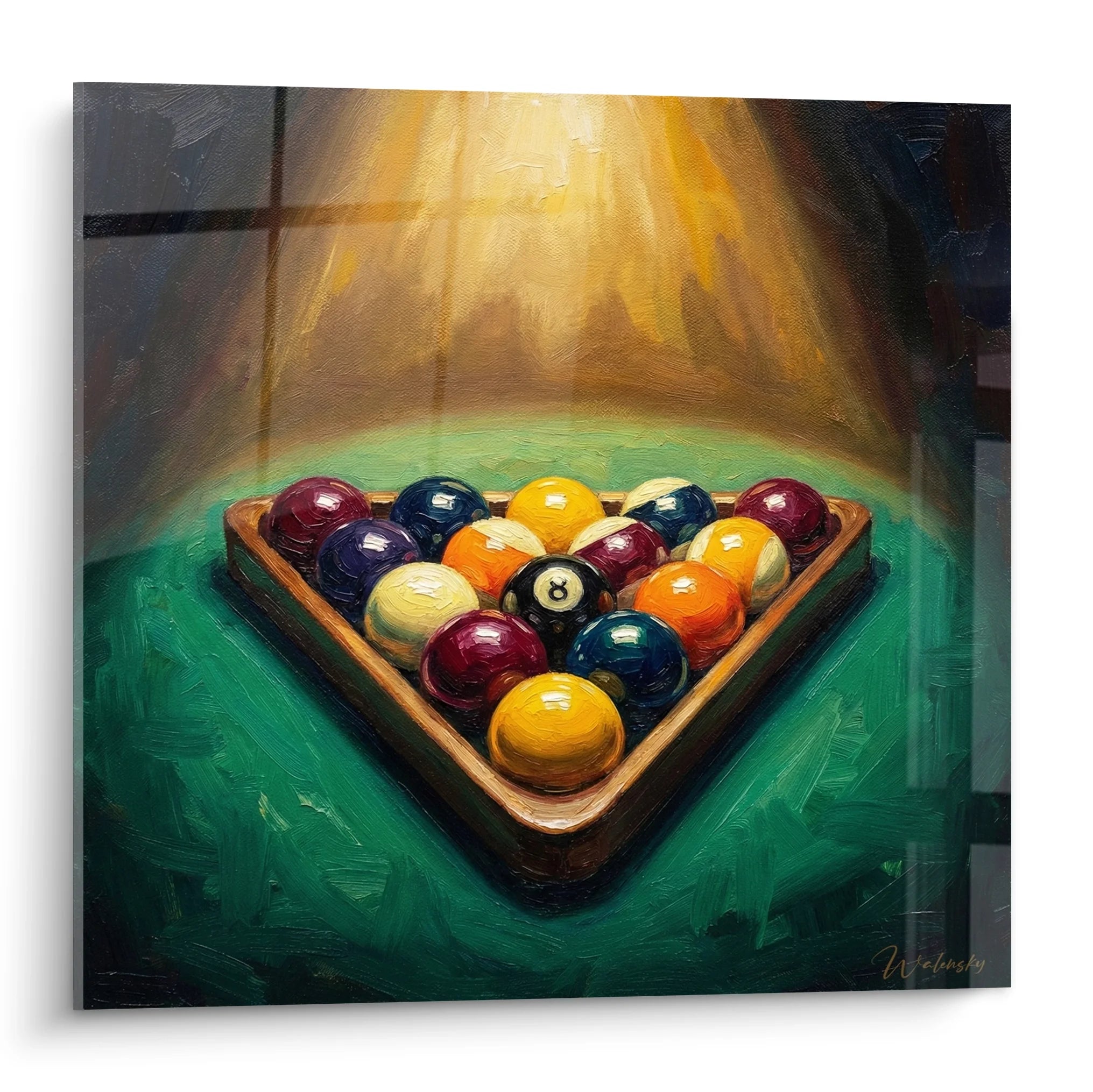 Tableau billard triangle billes colorées sur table verte avec lumière dorée - Edition Billards