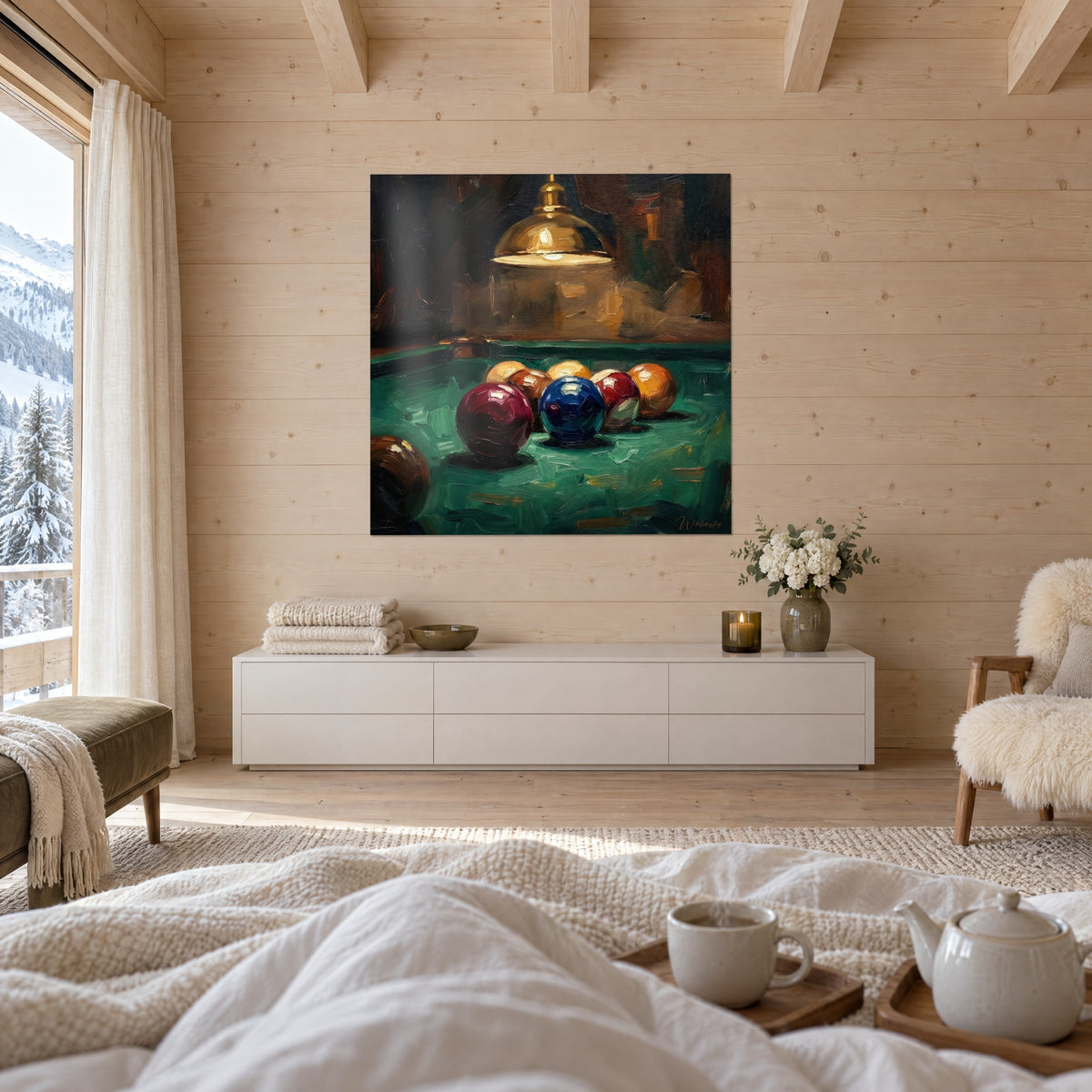 Schilderij zacht biljarttafel met kobaltblauwe en amberoranje ballen, gloeiende messing lamp, boven een bed in een lichte slaapkamer