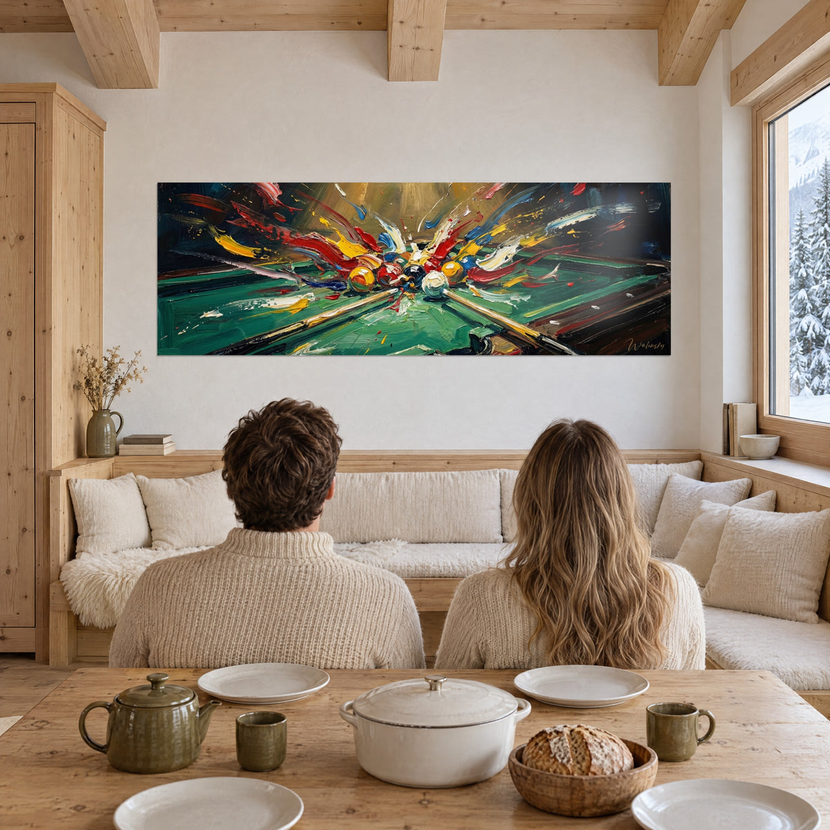 Πίνακας πίδακας χρυσής και κόκκινης μπογιάς που εκτοξεύεται από σμαραγδένιο μπιλιάρδο, απέναντι σε ζευγάρι μπροστά στο παράθυρο του ξενώνα
