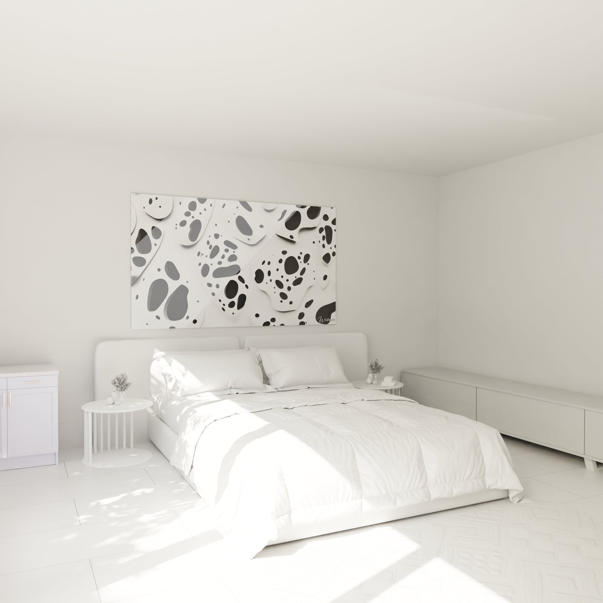 Tableau tacheté noir et blanc de Walensky dans une chambre lumineuse et moderne