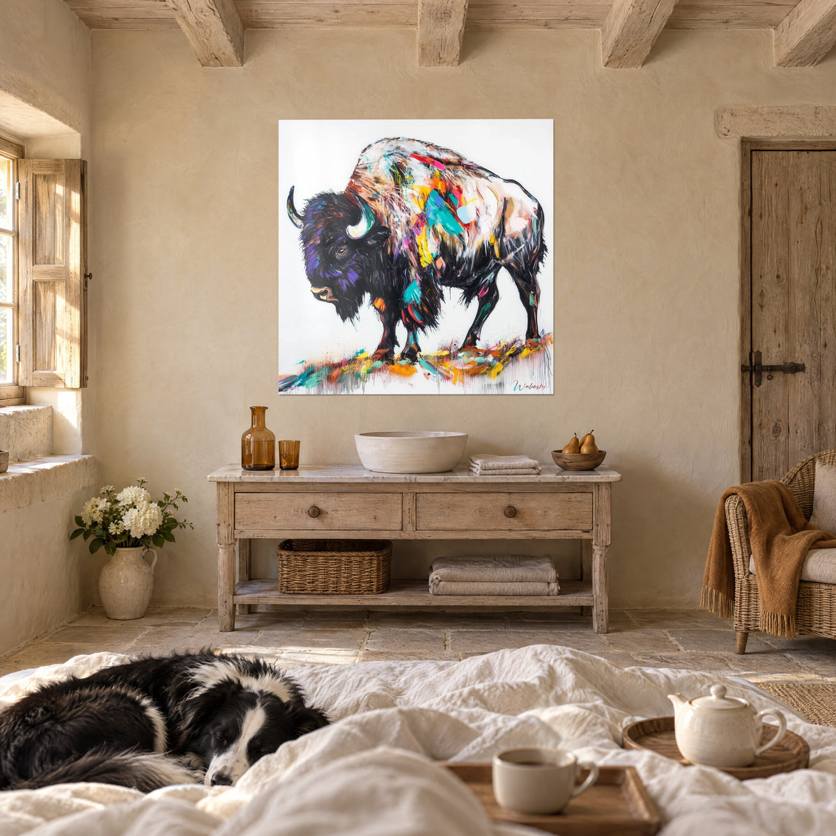 Cuadro de un toro salvaje con joroba blanca rayada de naranja y turquesa, sobre una cama en un dormitorio luminoso