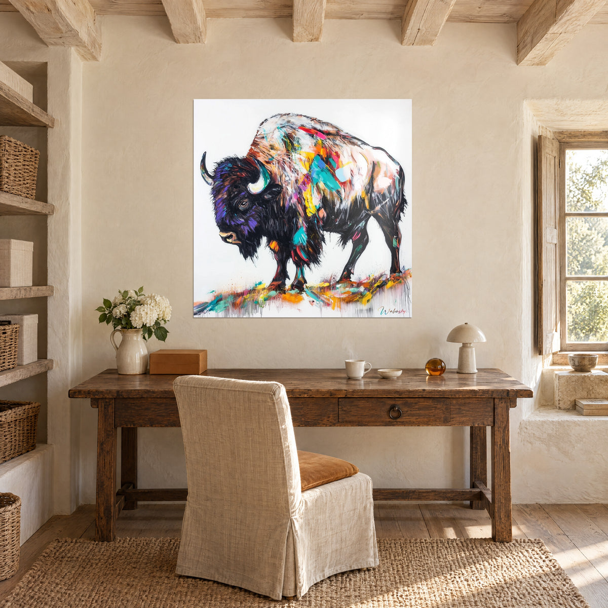 Cuadro de un bisonte de perfil, pezuñas entre salpicaduras amarillas y turquesa sobre fondo blanco, sobre un escritorio de madera