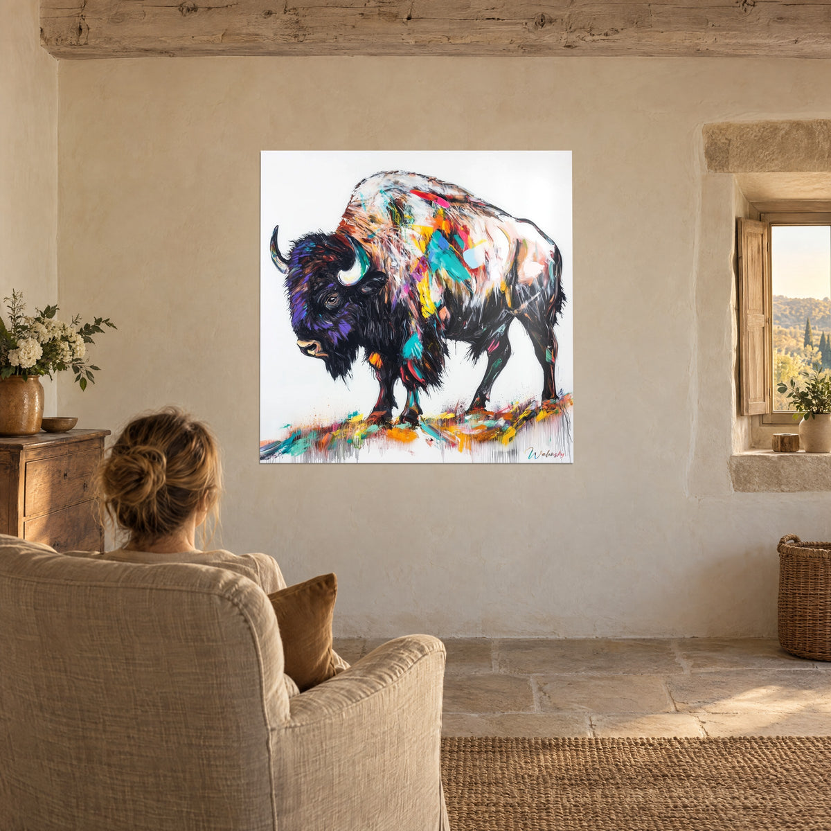 Cuadro de un bisonte con la cabeza baja, masa negra y violeta, destellos rosas y amarillos, contemplado desde un sillón de lino crema