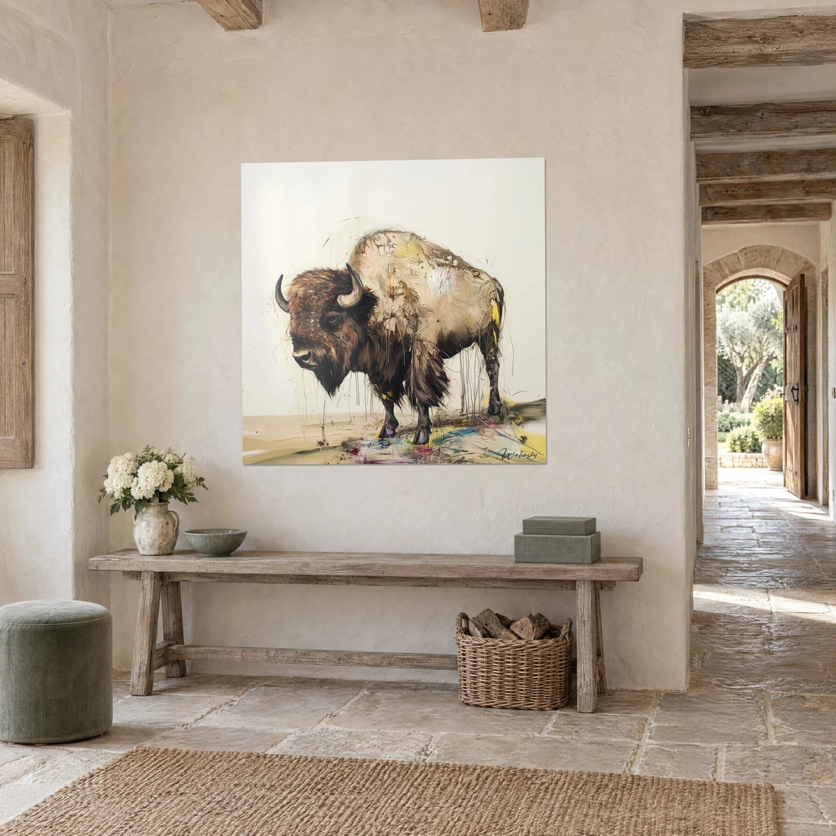 Schilderij van een Amerikaanse buffel met gele en blauwe spatten op de vloer, opgehangen in een stenen hal, driekwartzicht