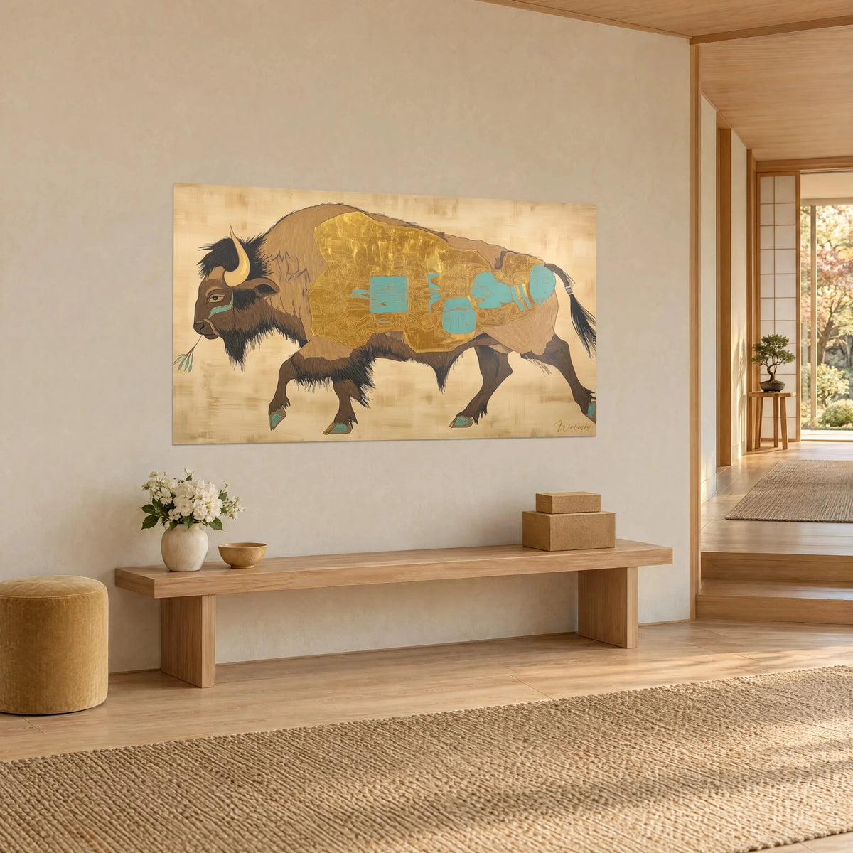 Tableau buffle d'Amérique en marche, corne ivoire et pelage brun, motifs turquoise sur l'or, mur crème, banc de bois clair