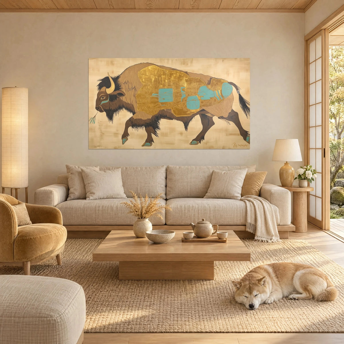 Tableau bison de profil, flanc plaqué d'or à motifs turquoise sur fond sable, Shiba endormi, au-dessus d'un canapé dans un salon lumineux
