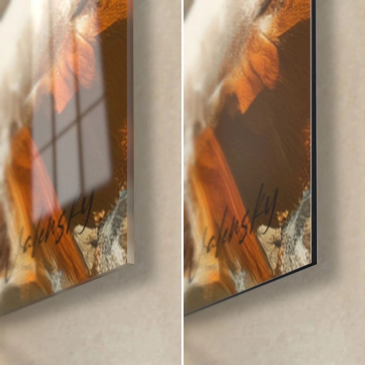 Tableau bisons en pleine course, coin bas droit : verre acrylique brillant à reflets orange, Dibond noir mat, tranche de 3 mm