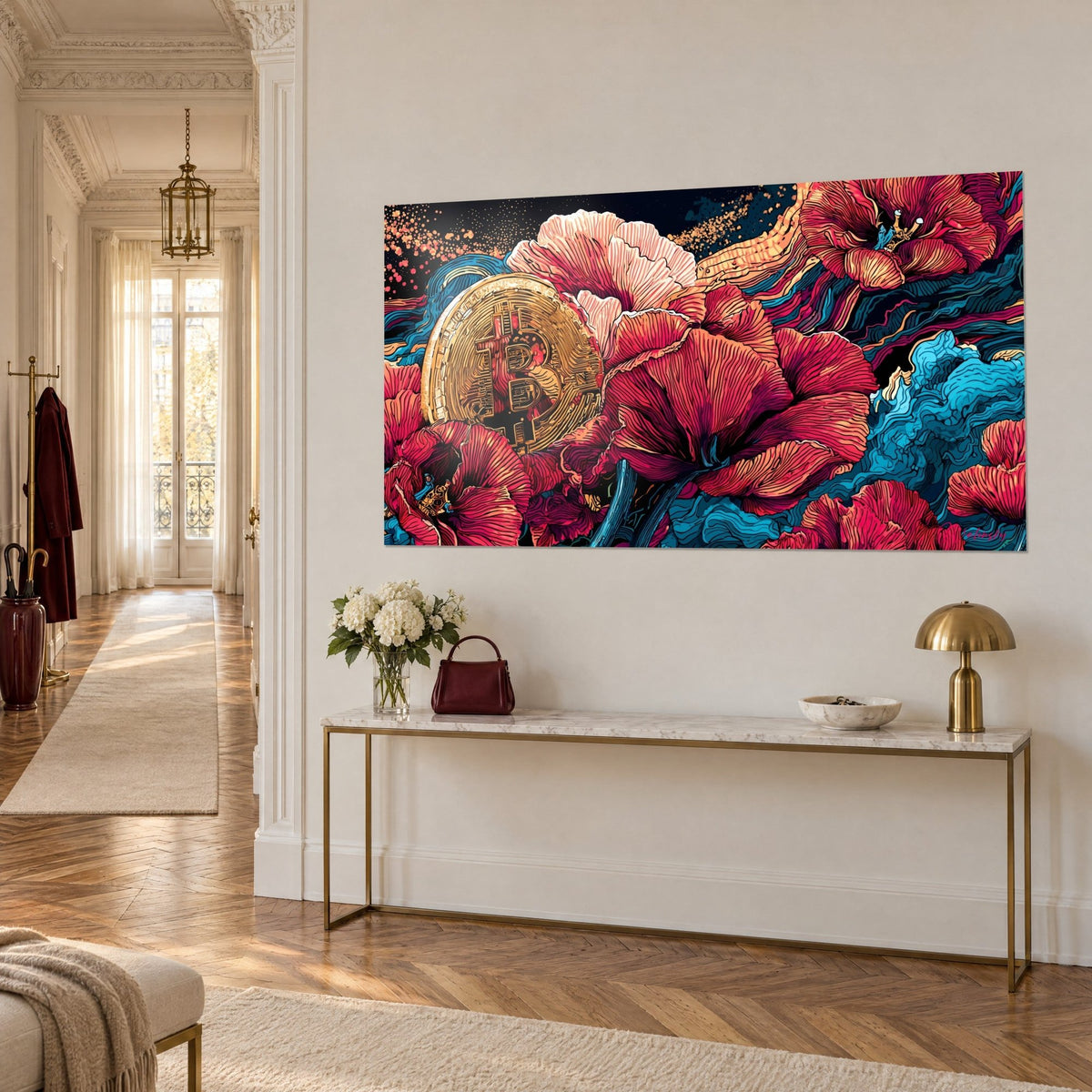 Cuadro con un bitcoin dorado frente a grandes flores carmesí y olas turquesa ondulantes, vista de tres cuartos sobre una pared clara de estilo haussmanniano
